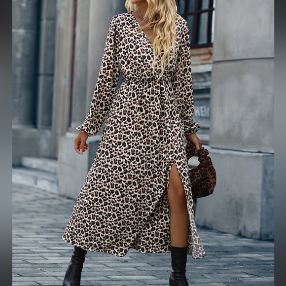 Boho Leopard Print Slit Long Sleeve Maxi Dress - Picture 3 of 6